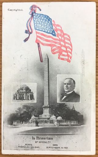 William Mckinley In Memoriam Portrait Flag And Monuments Postcard 141