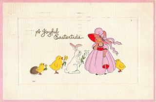 1915 Art Deco Easter Pc Of White Bunny & Chicks Bringing Flowers To Little Girl