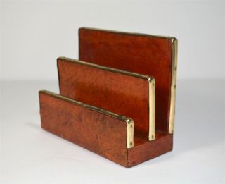 Vintage Lacquered Leather Letter Holder Sorter Desk Accessory Organizer
