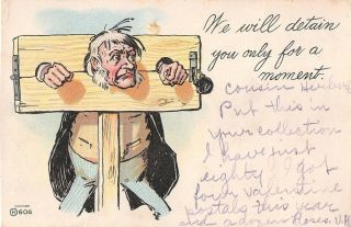 Old Comic Postcard Of Old Man In The Stocks - We Will Detain You Only For A Moment