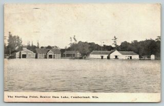 Cumberland Wisconsin Beaver Dam Lake Starting Point Boat House Cabins 1912 B&w