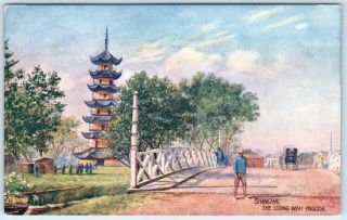 Shanghai,  China Tuck Oilette Loong Wah Pagoda Street Scene C1910s Postcard