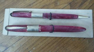 Vintage Fountain Pen & Pencil Set American,  Red Marbelized