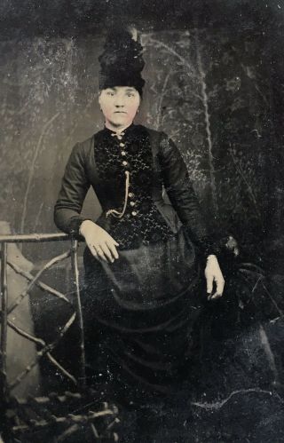 Antique American Young Lady School Girl In Black Hat Tintype Photo