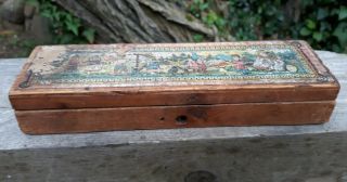 Vintage Wood Pencil Box Paper Litho Children Playing Gnomes