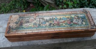 Vintage Wood Pencil Box Paper Litho Children Playing Gnomes 2