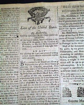 President John Adams Act Of Congress Re.  Courts W/ Heraldic Eagle 1801 Newspaper