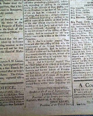 PRESIDENT JOHN ADAMS Act of Congress re.  Courts w/ Heraldic Eagle 1801 Newspaper 2