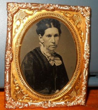 Antique Tintype Photo Of Lady 1/9th Size In A Brass Frame