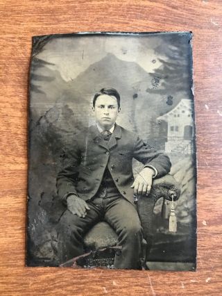 Vintage Tin Type Photo.  Charlestown Massachusetts.  Young Man Sitting In A Chair.