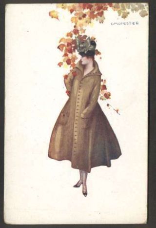 Art Monestier Elegant Woman W Coat & Flowers Postcard