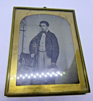 Antique 19th Century Brass Framed Ambrotype Photograph - Gentleman In Boater Hat