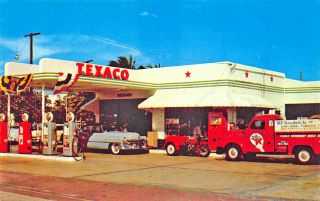 Miami Beach Fl Normandy Beach Motorcycle Truck Texaco Gas Station Postcard.