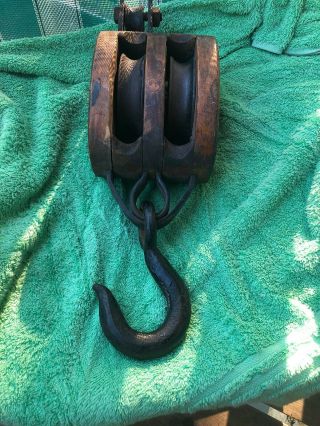 Vintage Iron Bushed 6 Wood Block Tackle Double Pulley Black Cast Iron