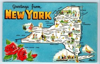 Vintage Postcard Greetings From York Ny State Map Road Attractions 1963