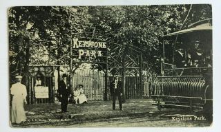 1908 Pa Postcard Sayre Keystone Park Entrance Sign Ticket Booth Trolley Bradford