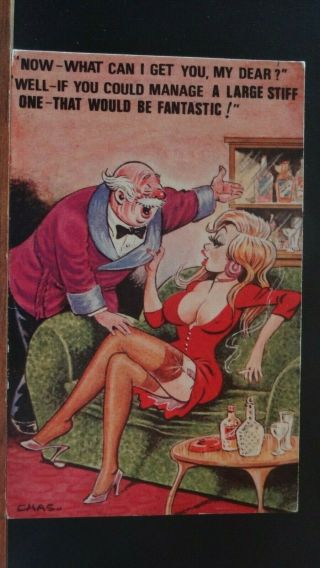Bamforth Comic Postcard: Big Boobs,  Nylons,  Suspenders & Smoking Theme