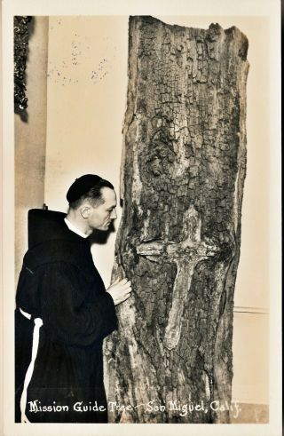 1939 Rppc Franciscan Mission San Miguel Ca Tree With Cross,  Padre Photo Postcard