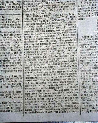 Loyalists Escaping - Leaving York City Post Revolutionary War 1783 Newspaper