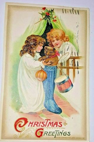 1914 Christmas Post Card John Winsch 1911 Copyright Children Stocking Teddy Bear