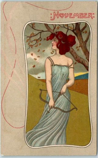 Vintage 1907 Art Nouveau Postcard Pretty Lady / Bow & Arrow " November " W/cancel
