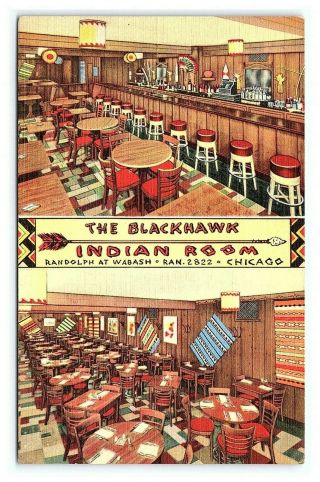 Vintage Postcard Blackhawk Indian Room Bar Restaurant Chicago Illinois I1