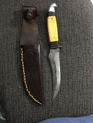 Vintage Jc Higgins Skinner Fixed Blade Hunting Knife 4.  75 " & Sheath Made In Usa
