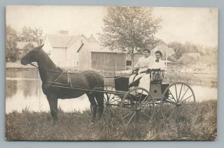 Women In Black Horse Cart Rppc Antique Barn Photo Postcard Farm Azo 1910s
