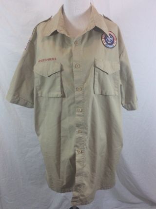 Mens Boy Scouts Bsa Beige Uniform Shirt Short Sleeve Patches L Large