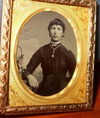 Rare Antique 1/16th Plate Tintype Photo In Brass Frame Id Carrie Johnson