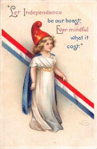 Patriotic Greetings July 4th Girl Signed Clapsaddle Vintage Postcard Je229681