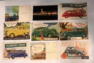 9 1939 - 1940 Plymouth Automobile Car Dealer Blotter & Advertising Postcards
