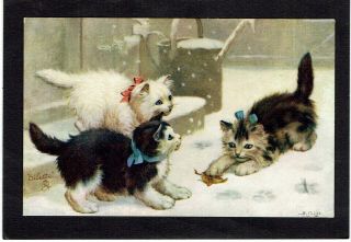 R Tuck B Cobbe Artist Signed Old Postcard Fluffy Cats Playing In Snow With Leaf