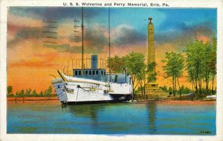 1937 Pennsylvania Ship Postcard: U.  S.  S.  Wolverine & Perry Memorial,  Erie,  Pa
