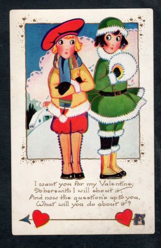 B368 Postcard Artist Designed Valentine Girls Art Deco Style Whitney Publ