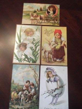 5 Antique Postcards /easter Greetings With Children