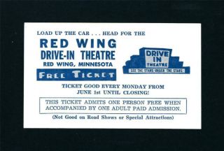 Red Wing Minnesota Mn 1957/70 Pass Card To Drive - In Theater,  63 & Sevatopal