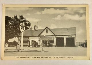 Danville,  Va Postcard,  Liles Luncheonette,  Route 29,  Texaco Sign,  Gas Pumps
