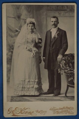 Cabinet Photo Wedding Couple Bride Long Veil Keene Mankato Mn 1890s
