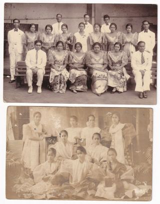 Vintage Philippines Group Of Young Filipino Men & Ladies 2 Rppc Postcards C