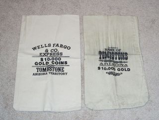 Wells Fargo & Bank Of Tombstone Arizona $10,  000 Gold Coin Canvas Money Bags 19 "