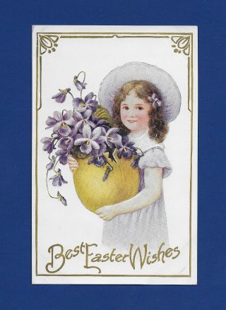 Antique Easter Postcard Young Girl Basket Of Pansies Gold Trim