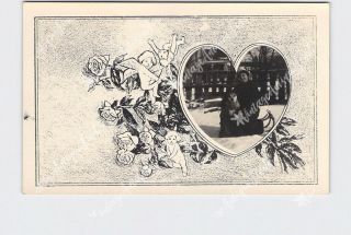 Rppc Real Photo Postcard Cute Girl With Dog On Sled Valentines Cupids Roses Hear