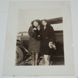 Wow Vintage Two Women W/ Car Black & White 1920s Photo Photograph Rare