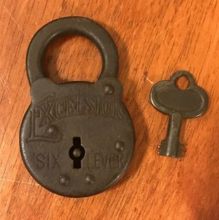 Vintage Antique Solid Brass Excelsior 6 Six Lever Padlock Lock With Key