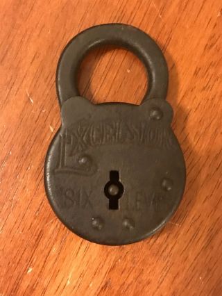 Vintage Antique Solid Brass Excelsior 6 Six Lever Padlock Lock with Key 2