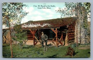 Great Falls Mt Chas M.  Russell At His Studio Antique Postcard
