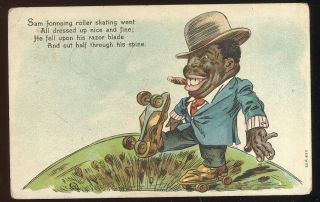 1910 Comical Black Post Card,  Black Man On Roller Skates