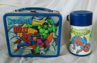 Vintage 1980 Spider - Man Hulk Captain America Metal Lunchbox & Thermos Marvel