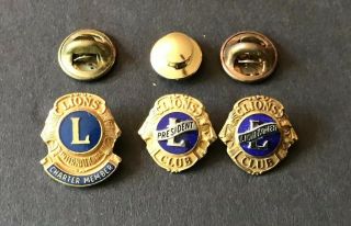 3 Vintage Lions Club Pins President,  Charter Member,  Lion Tamer,  2 Gold Filled